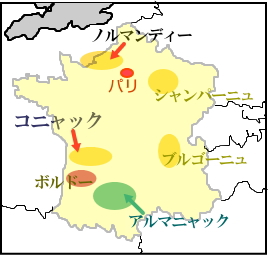 フランス国内においての酒の分布図